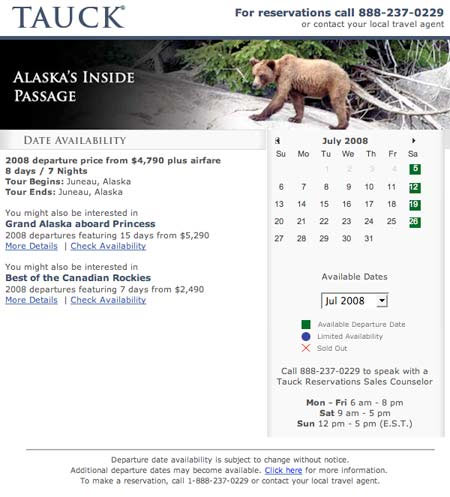 Tauck World Discovery Availability Calendar Page